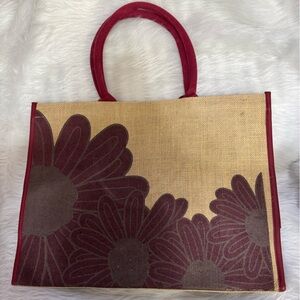 Floral Canvas Tote Bag - Burgundy and Brown